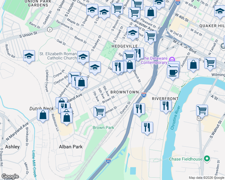 map of restaurants, bars, coffee shops, grocery stores, and more near 1005 Brown Street in Wilmington