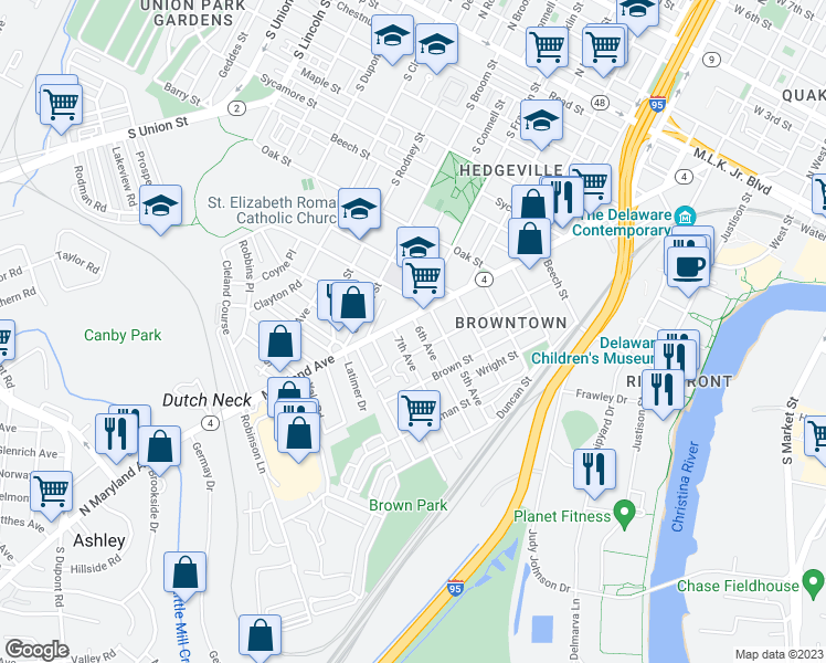 map of restaurants, bars, coffee shops, grocery stores, and more near 4 7th Avenue in Wilmington