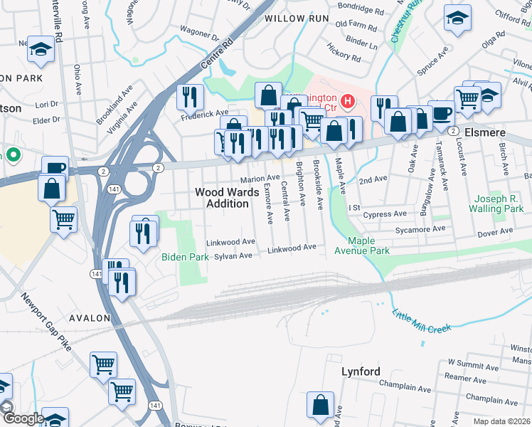 map of restaurants, bars, coffee shops, grocery stores, and more near 310 Exmore Avenue in Wilmington