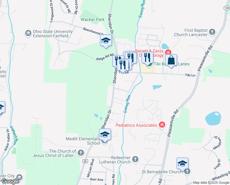 map of restaurants, bars, coffee shops, grocery stores, and more near 1410 Sheridan Drive in Lancaster
