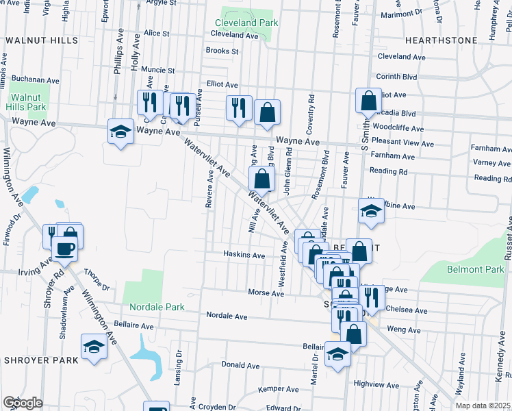 map of restaurants, bars, coffee shops, grocery stores, and more near 2216 Nill Avenue in Dayton