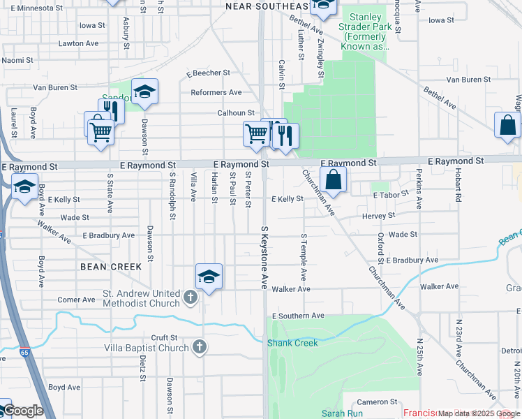 map of restaurants, bars, coffee shops, grocery stores, and more near 2338 South Keystone Avenue in Indianapolis