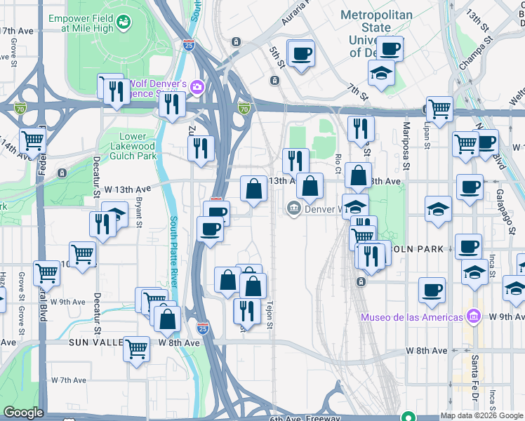 map of restaurants, bars, coffee shops, grocery stores, and more near 1860 West 12th Avenue in Denver