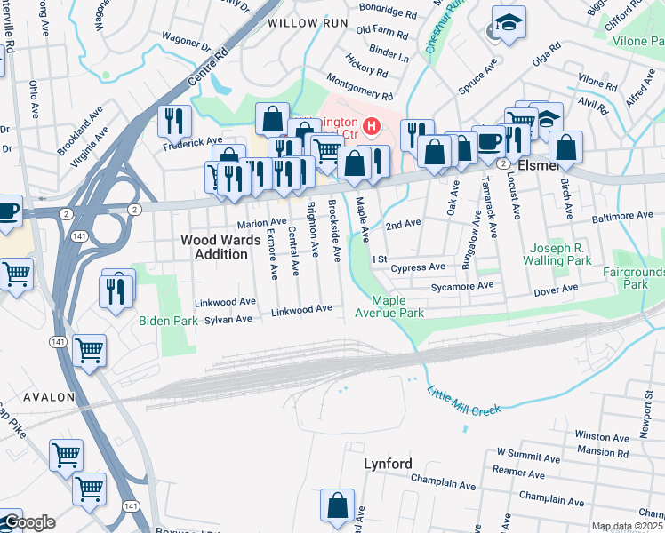 map of restaurants, bars, coffee shops, grocery stores, and more near 300 Brookside Avenue in Wilmington