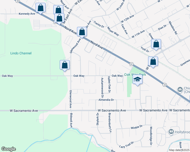 map of restaurants, bars, coffee shops, grocery stores, and more near 4 Acre Court in Chico