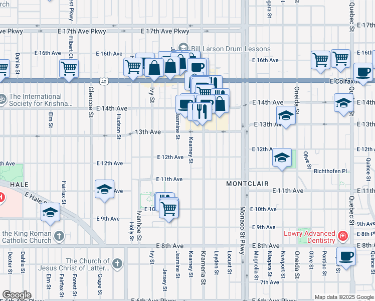 map of restaurants, bars, coffee shops, grocery stores, and more near 1215 Kearney Street in Denver