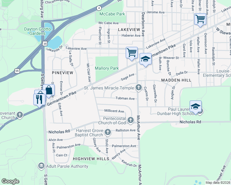 map of restaurants, bars, coffee shops, grocery stores, and more near 2933 Tubman Avenue in Dayton