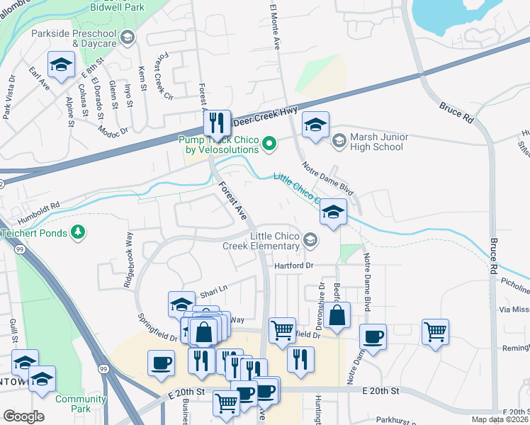 map of restaurants, bars, coffee shops, grocery stores, and more near 1330 Forest Avenue in Chico