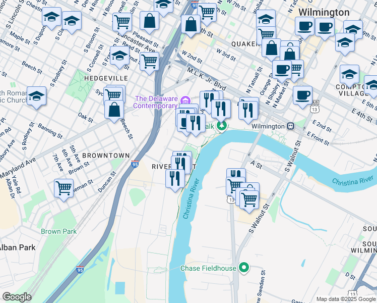 map of restaurants, bars, coffee shops, grocery stores, and more near 500 Harlan Boulevard in Wilmington