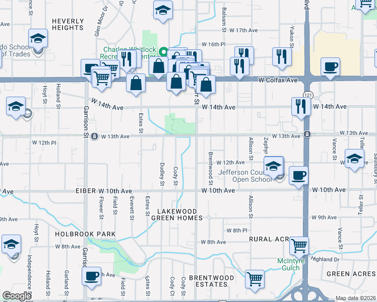 map of restaurants, bars, coffee shops, grocery stores, and more near 1205 Carr Street in Lakewood