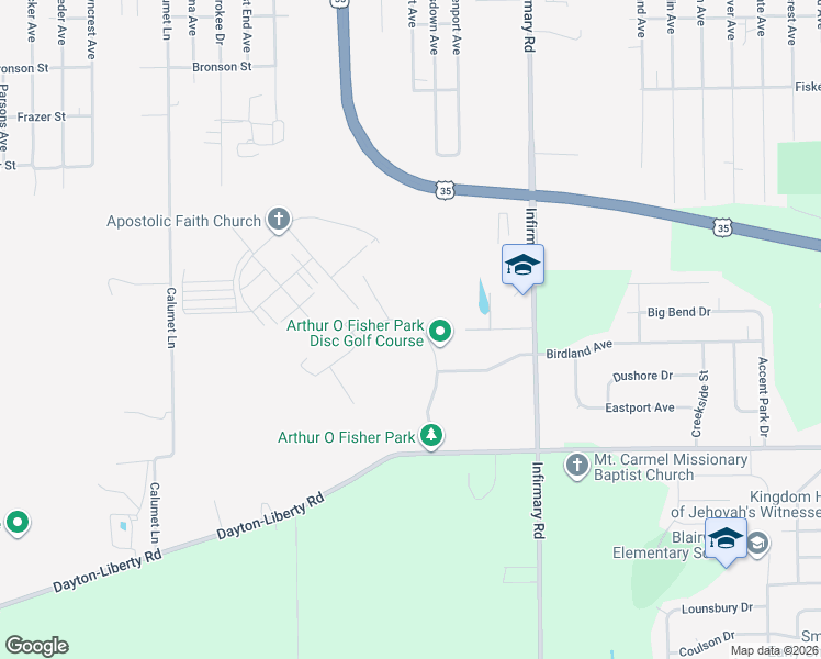 map of restaurants, bars, coffee shops, grocery stores, and more near 601 Infirmary Road in Dayton