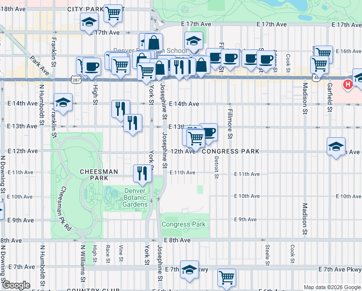 map of restaurants, bars, coffee shops, grocery stores, and more near 1167 Elizabeth Street in Denver