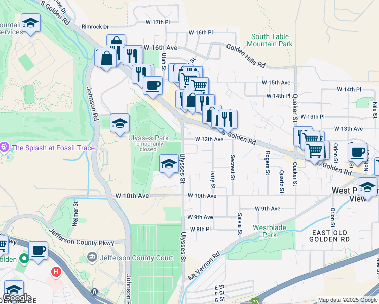 map of restaurants, bars, coffee shops, grocery stores, and more near 1100 Ulysses Street in Golden