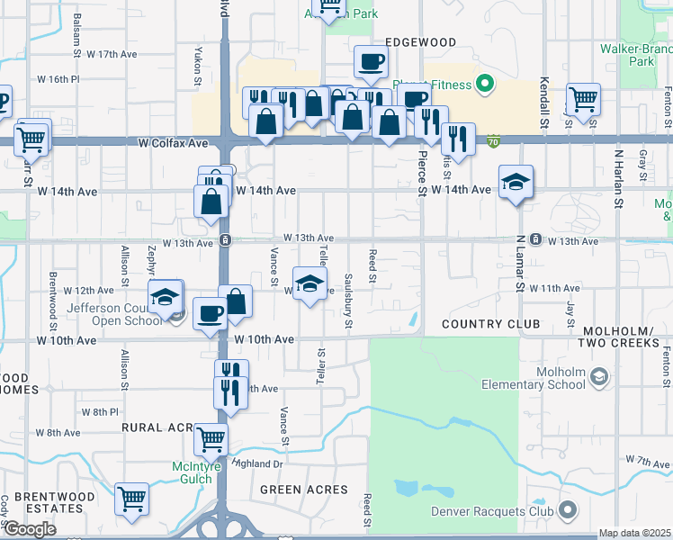 map of restaurants, bars, coffee shops, grocery stores, and more near 7100 West 13th Avenue in Lakewood