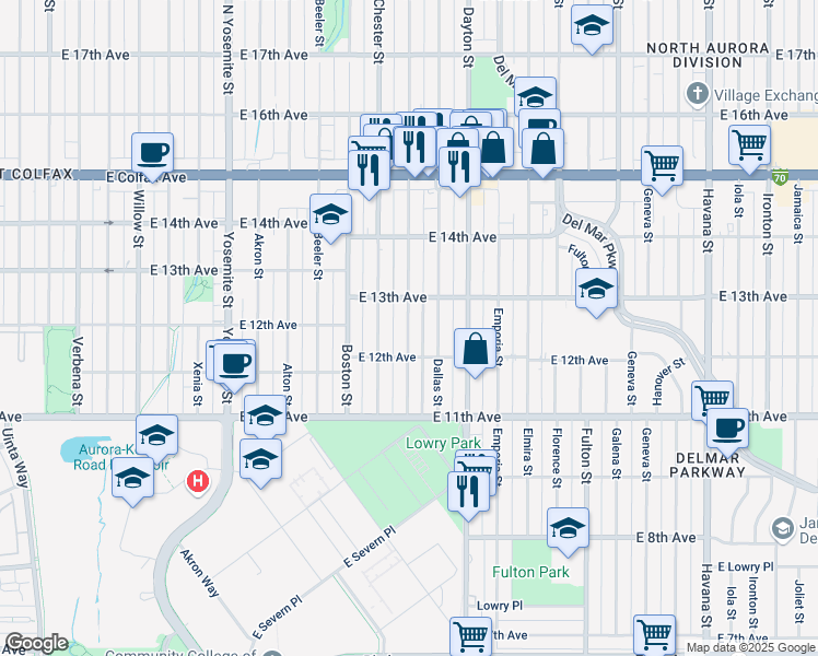 map of restaurants, bars, coffee shops, grocery stores, and more near 1225 Dallas Street in Aurora