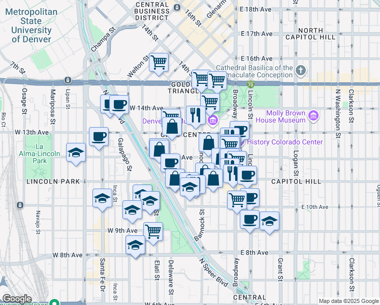 map of restaurants, bars, coffee shops, grocery stores, and more near 1200 Cherokee Street in Denver