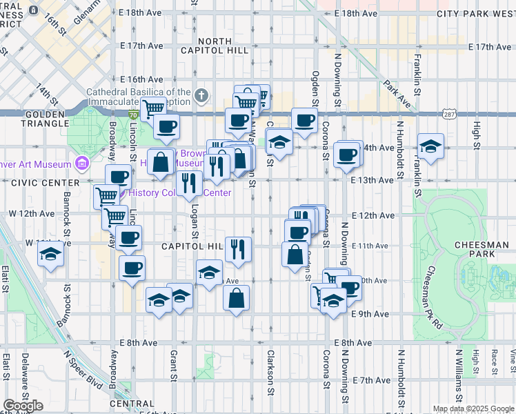 map of restaurants, bars, coffee shops, grocery stores, and more near in Denver