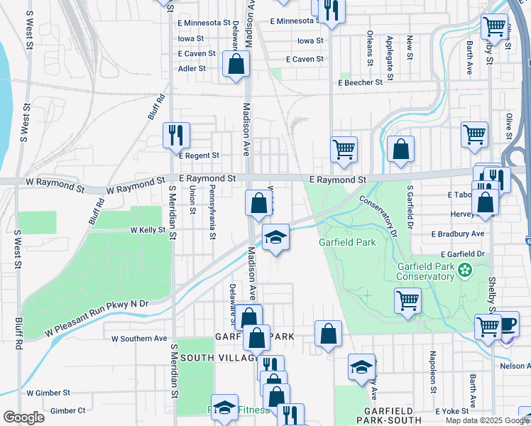 map of restaurants, bars, coffee shops, grocery stores, and more near 2249 Madison Avenue in Indianapolis