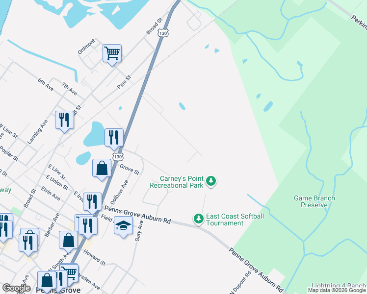 map of restaurants, bars, coffee shops, grocery stores, and more near 168 East Del-A-Vue Avenue in Carneys Point Township