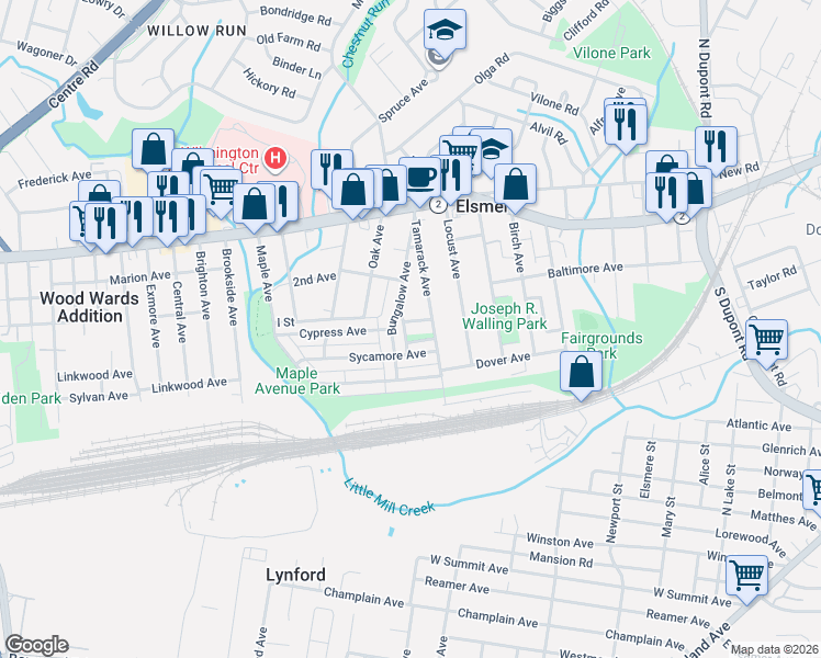 map of restaurants, bars, coffee shops, grocery stores, and more near 228 Bungalow Avenue in Wilmington