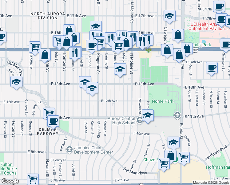 map of restaurants, bars, coffee shops, grocery stores, and more near Lima Street in Aurora