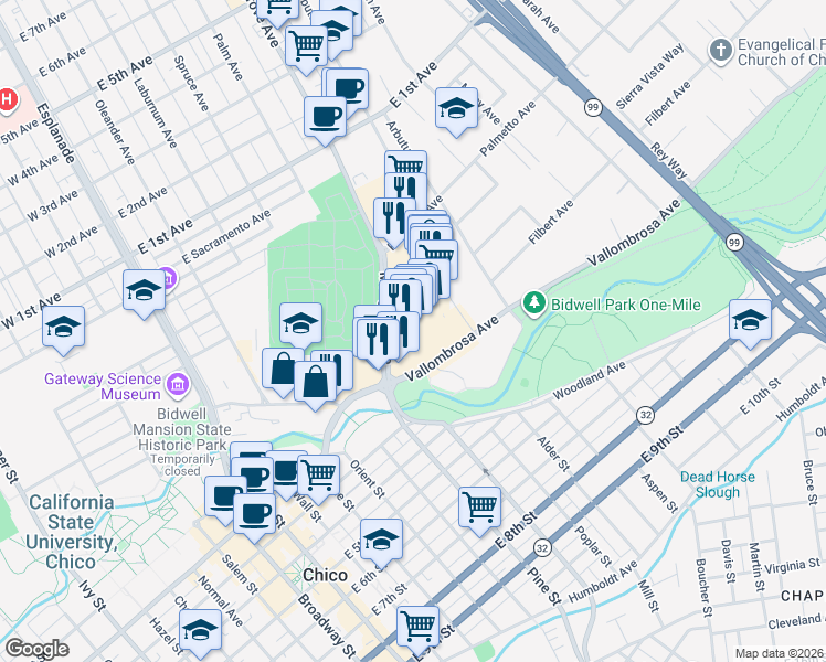map of restaurants, bars, coffee shops, grocery stores, and more near 690 Mangrove Avenue in Chico