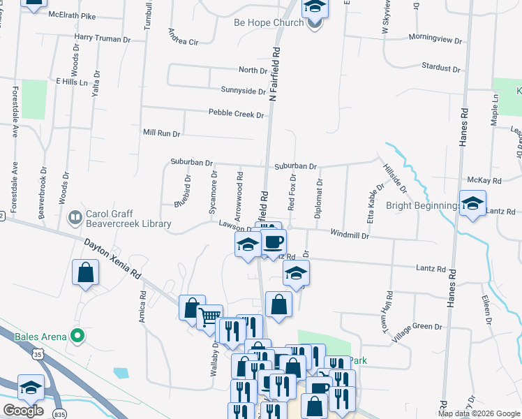map of restaurants, bars, coffee shops, grocery stores, and more near 3336 Lawson Drive in Dayton