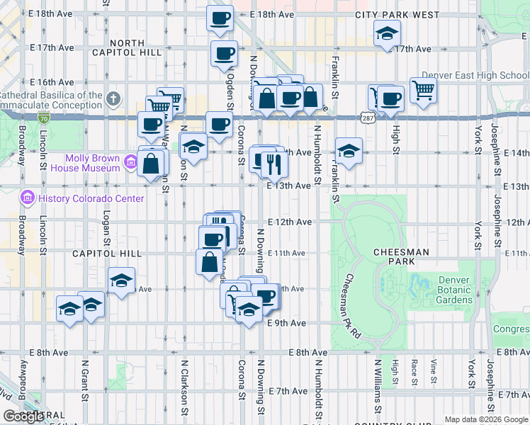 map of restaurants, bars, coffee shops, grocery stores, and more near 1124 East 12th Avenue in Denver
