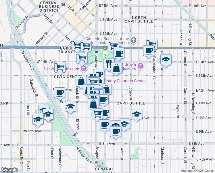 map of restaurants, bars, coffee shops, grocery stores, and more near 1200 Lincoln Street in Denver