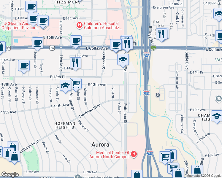 map of restaurants, bars, coffee shops, grocery stores, and more near 1275 Yost Street in Aurora