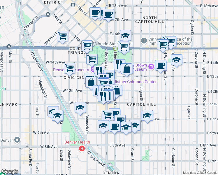 map of restaurants, bars, coffee shops, grocery stores, and more near 1200 Broadway in Denver