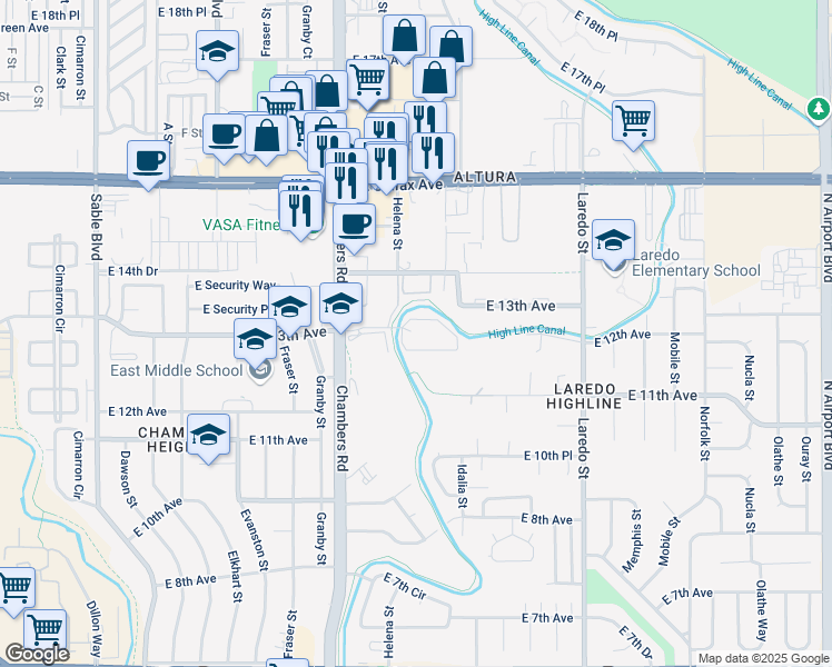 map of restaurants, bars, coffee shops, grocery stores, and more near 15584 East 12th Avenue in Aurora