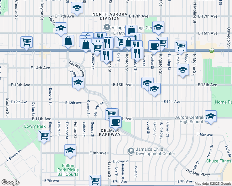 map of restaurants, bars, coffee shops, grocery stores, and more near 1215 Iola Street in Aurora