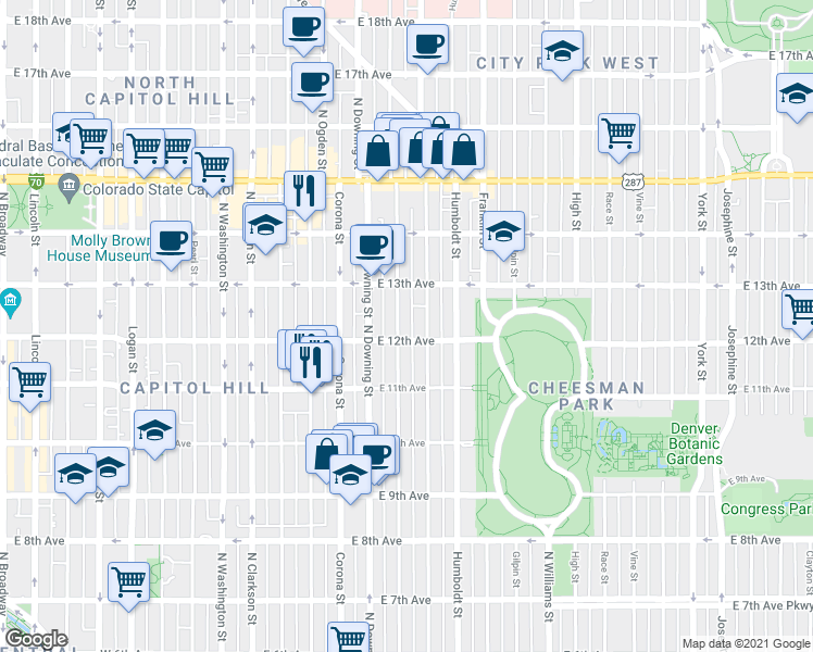 map of restaurants, bars, coffee shops, grocery stores, and more near 1168 North Marion Street in Denver