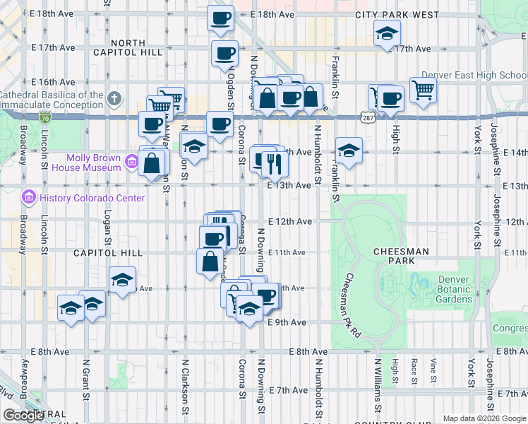 map of restaurants, bars, coffee shops, grocery stores, and more near 1124 East 12th Avenue in Denver