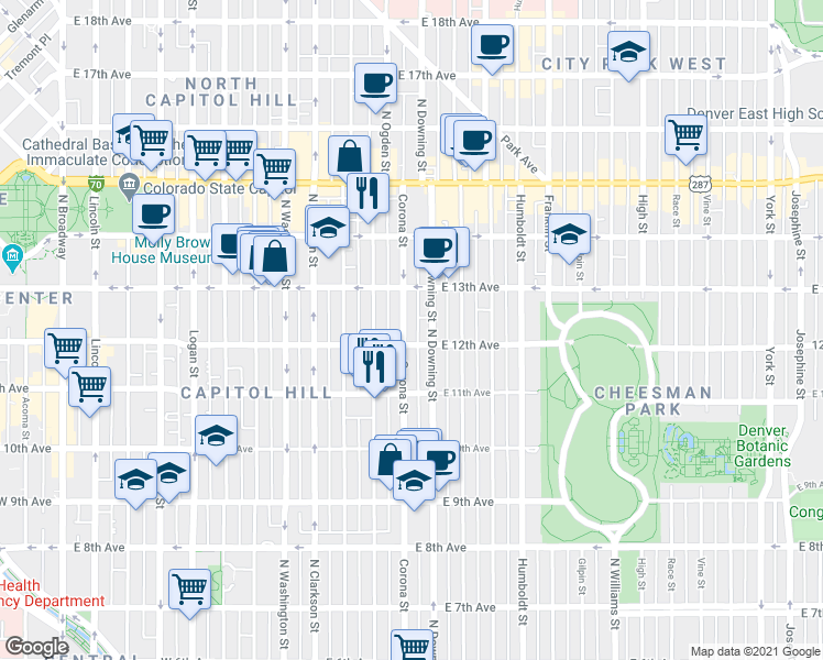 map of restaurants, bars, coffee shops, grocery stores, and more near 1165 Corona Street in Denver