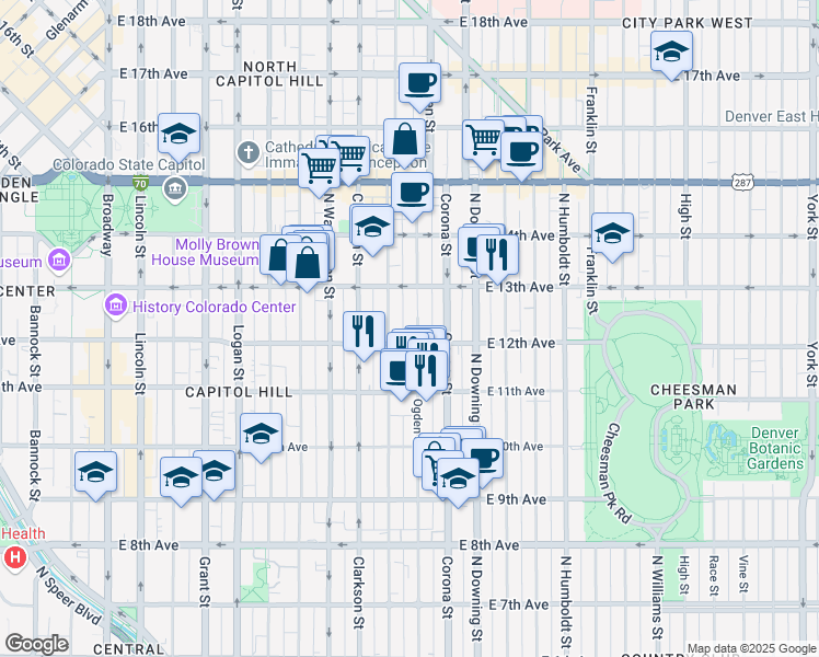 map of restaurants, bars, coffee shops, grocery stores, and more near 910 East 12th Avenue in Denver