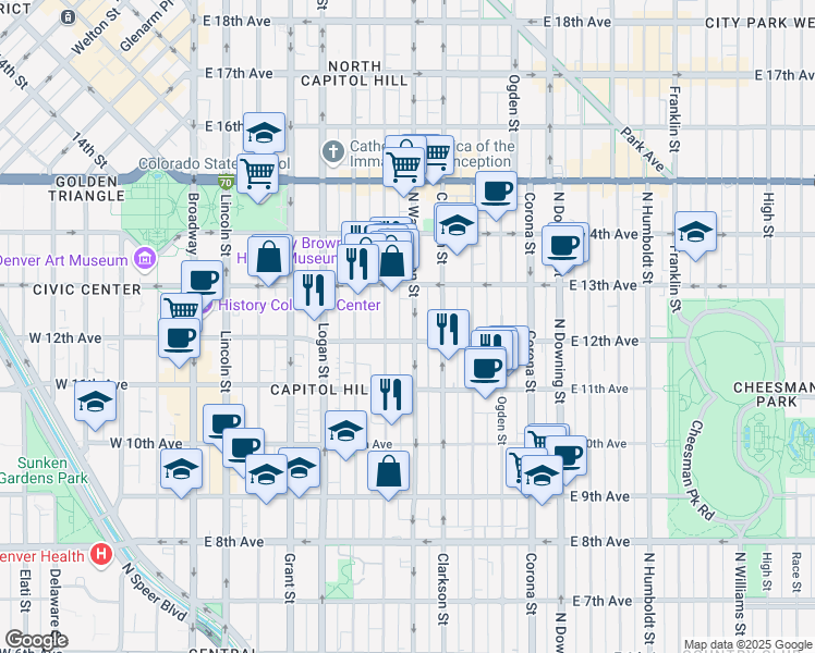 map of restaurants, bars, coffee shops, grocery stores, and more near in Denver