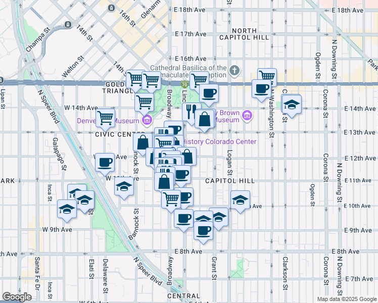 map of restaurants, bars, coffee shops, grocery stores, and more near 1141 Lincoln Street in Denver