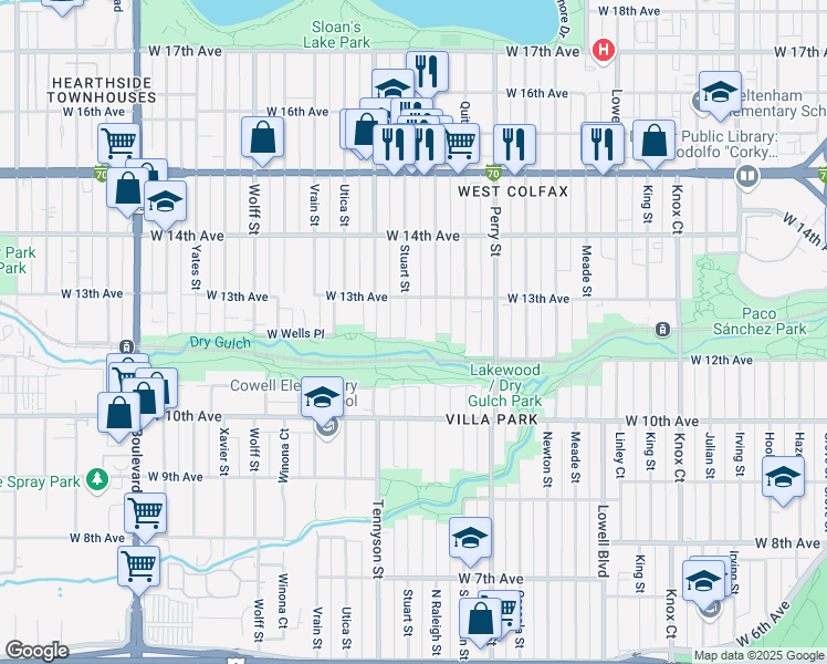 map of restaurants, bars, coffee shops, grocery stores, and more near 1201 Raleigh Street in Denver