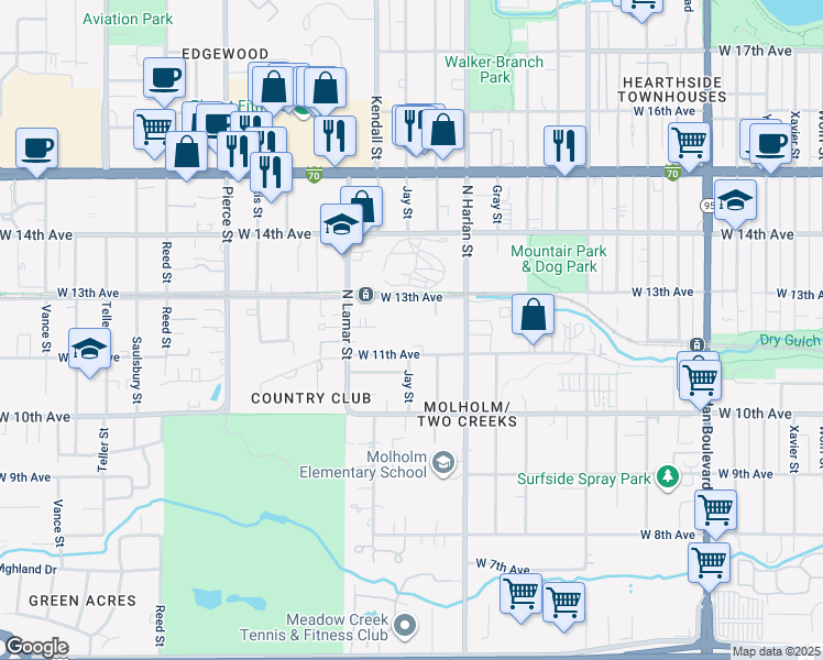 map of restaurants, bars, coffee shops, grocery stores, and more near 6105 West 11th Avenue in Lakewood