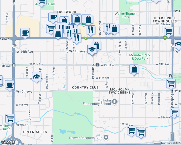 map of restaurants, bars, coffee shops, grocery stores, and more near 6427 West 11th Avenue in Lakewood
