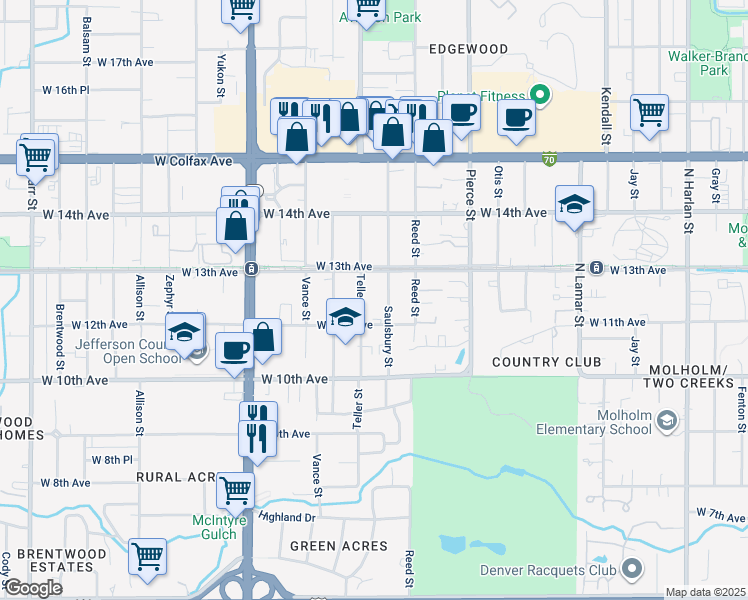 map of restaurants, bars, coffee shops, grocery stores, and more near 1215 Teller Street in Lakewood