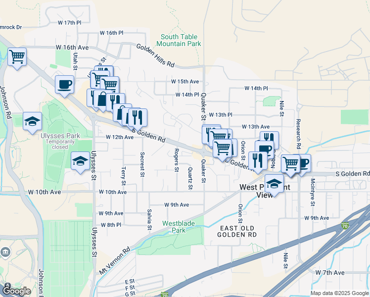 map of restaurants, bars, coffee shops, grocery stores, and more near 16545 West 11th Avenue in Golden