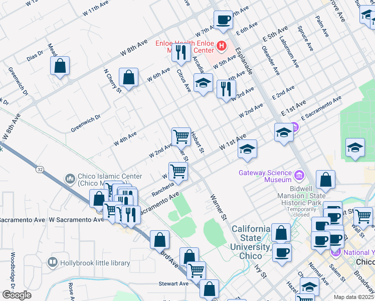 map of restaurants, bars, coffee shops, grocery stores, and more near 1145 Warner Street in Chico