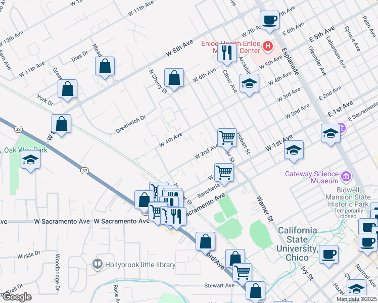 map of restaurants, bars, coffee shops, grocery stores, and more near 726 West 2nd Avenue in Chico