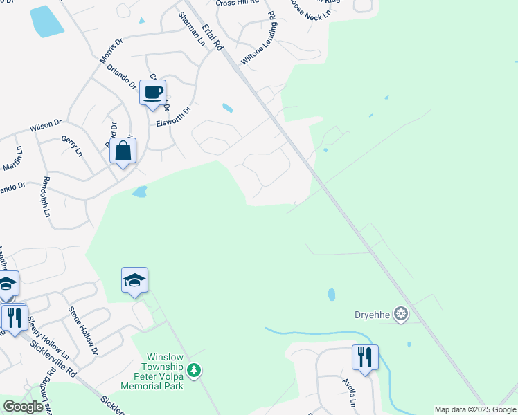map of restaurants, bars, coffee shops, grocery stores, and more near 555 Erial Road in Winslow Township