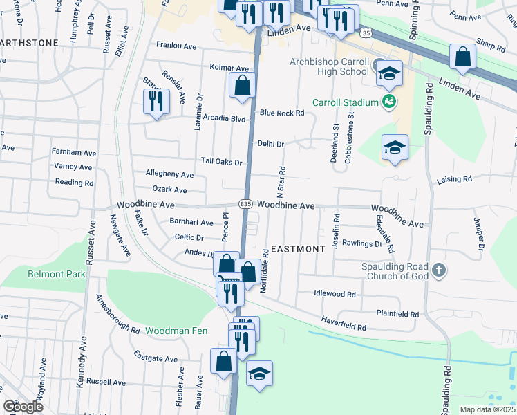 map of restaurants, bars, coffee shops, grocery stores, and more near 1570 Woodman Drive in Dayton