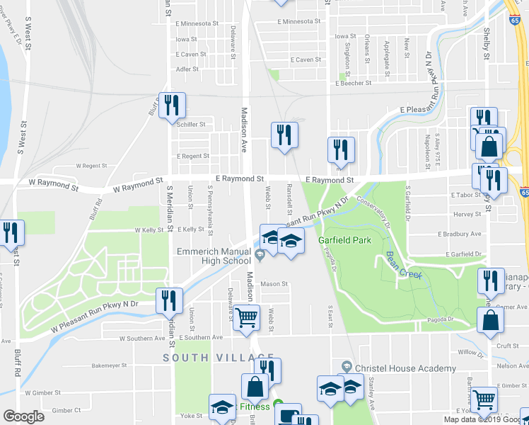 map of restaurants, bars, coffee shops, grocery stores, and more near 2249 Madison Avenue in Indianapolis