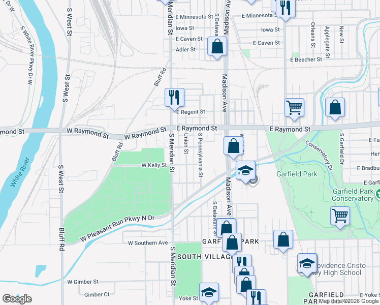 map of restaurants, bars, coffee shops, grocery stores, and more near 2278 South Pennsylvania Street in Indianapolis
